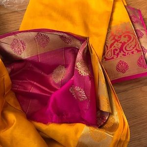 Silk/Katan saree in bright yellow and magenta